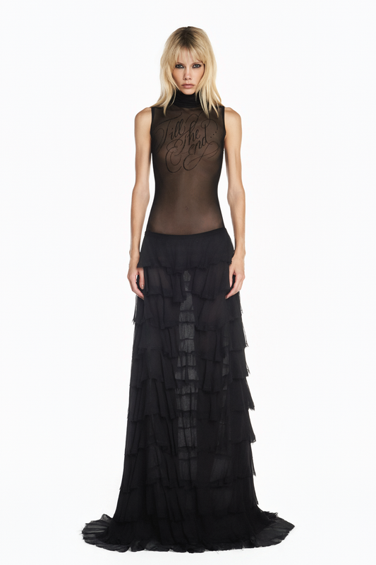 SAIA LONGA BABADOS CHIFFON PRETO