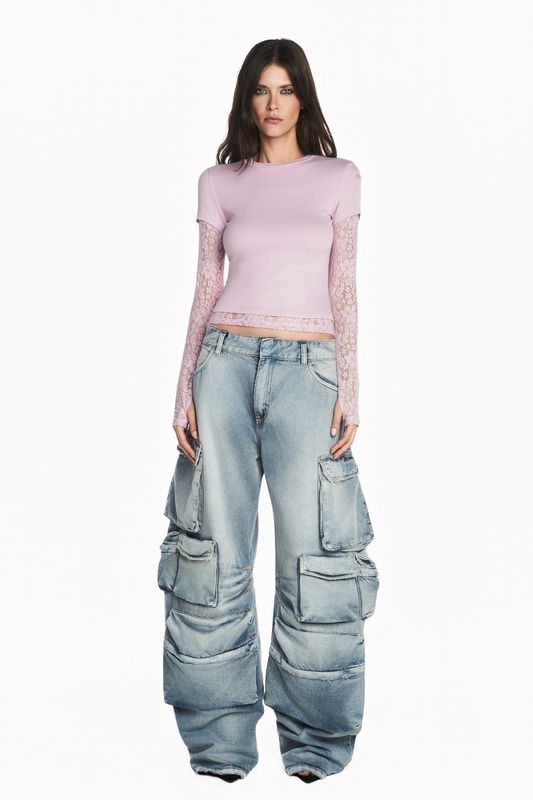 CAMISETA SOBREPOSIÇÃO MANGA RENDA LILÁS