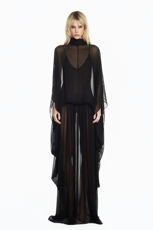 VESTIDO LONGO AMPLO CAPA CHIFFON PRETO