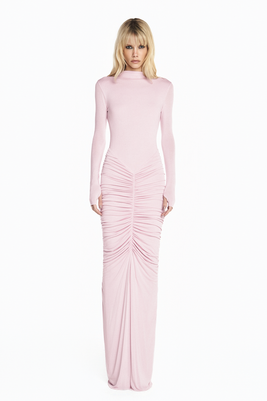 VESTIDO LONGO MANGA LONGA SAIA DRAPEADA COSTAS ABERTAS MALHA ROSA