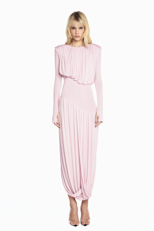 VESTIDO LONGO MANGA LONGA SAIA TORCIDA CORPO DRAPEADO MALHA ROSA