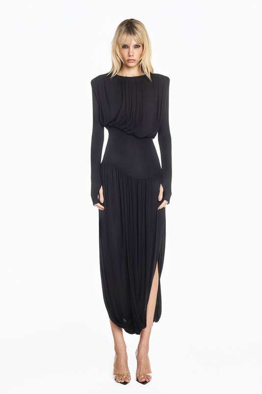 VESTIDO LONGO MANGA LONGA SAIA TORCIDA CORPO DRAPEADO MALHA PRETO
