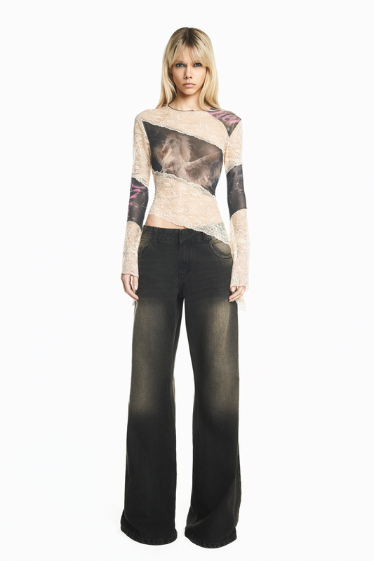 BLUSA MANGA LONGA TULE E RENDA PEGASUS