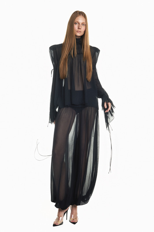 CALÇA PALA DRAPEADA ELÁSTICO NA BARRA CHIFFON PRETO