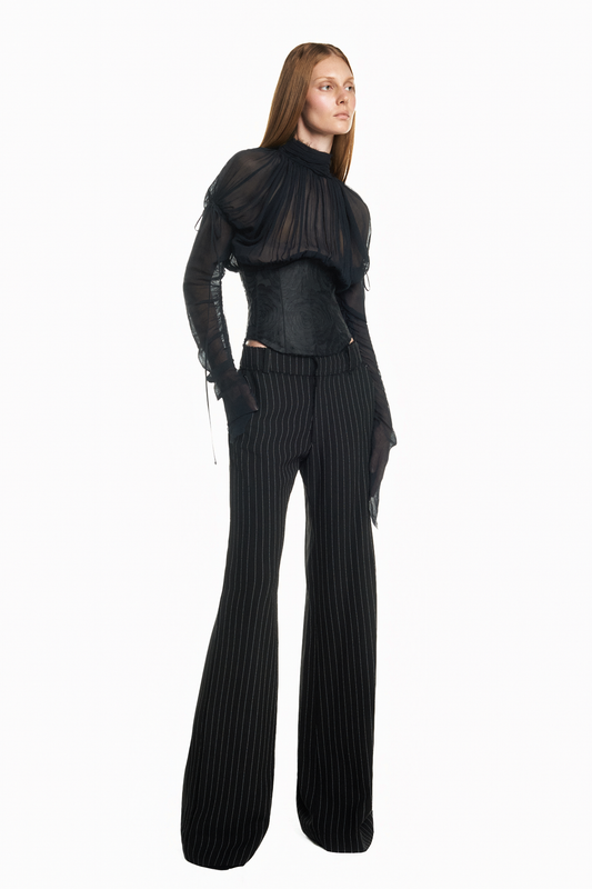 BLUSA MANGA LONGA FRENTE DRAPEADA CHIFFON COM CORSET DE JACQUARD PRETO