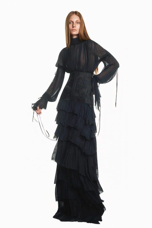 VESTIDO LONGO BABADOS MANGA LONGA CHIFFON COM CORSET DE JACQUARD PRETO