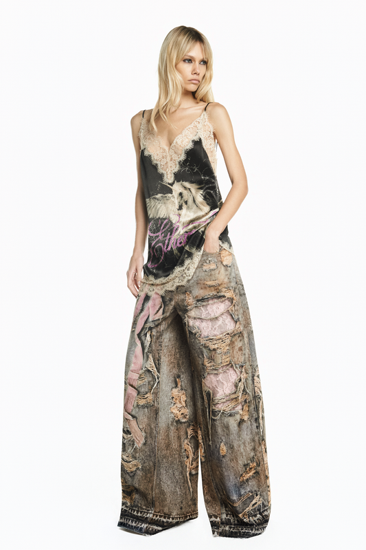 CALÇA SARJA PERNA AMPLA ESTAMPA JEANS LAÇOS