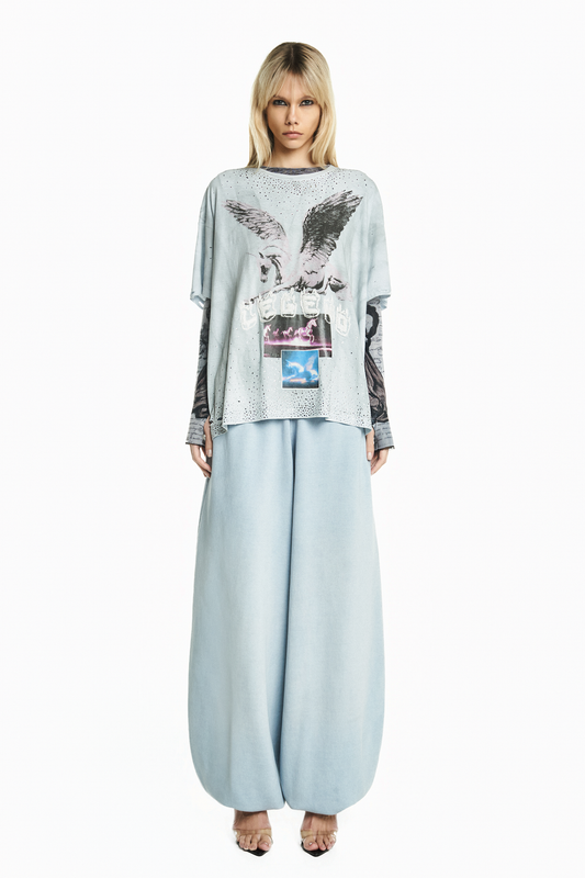 CALÇA PERNA AMPLA ELÁSTICO CÓS E BARRA MOLETOM AZUL