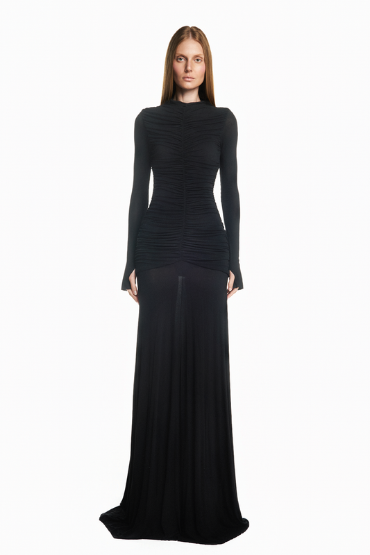 VESTIDO LONGO CORPO DRAPEADO MANGA LONGA MALHA PRETO