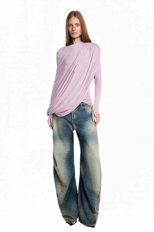 BLUSA MANGA LONGA CORPO DRAPEADO CAPA SOBREPOSTA MALHA ROSA