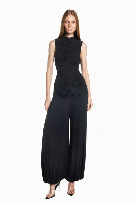 CALÇA PALA DRAPEADA ELÁSTICO BARRA MALHA PRETA