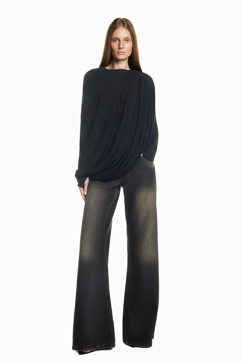 トップス FUGA long sleeve t-shirt drape cutsew BLUSA MANGA LONGA CORPO DRAPEADO CAPA SOBREPOSTA MALHA PRETA – TIG