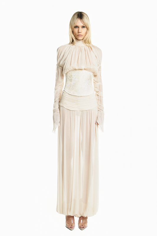 CALÇA PALA DRAPEADA ELÁSTICO NA BARRA CHIFFON AREIA