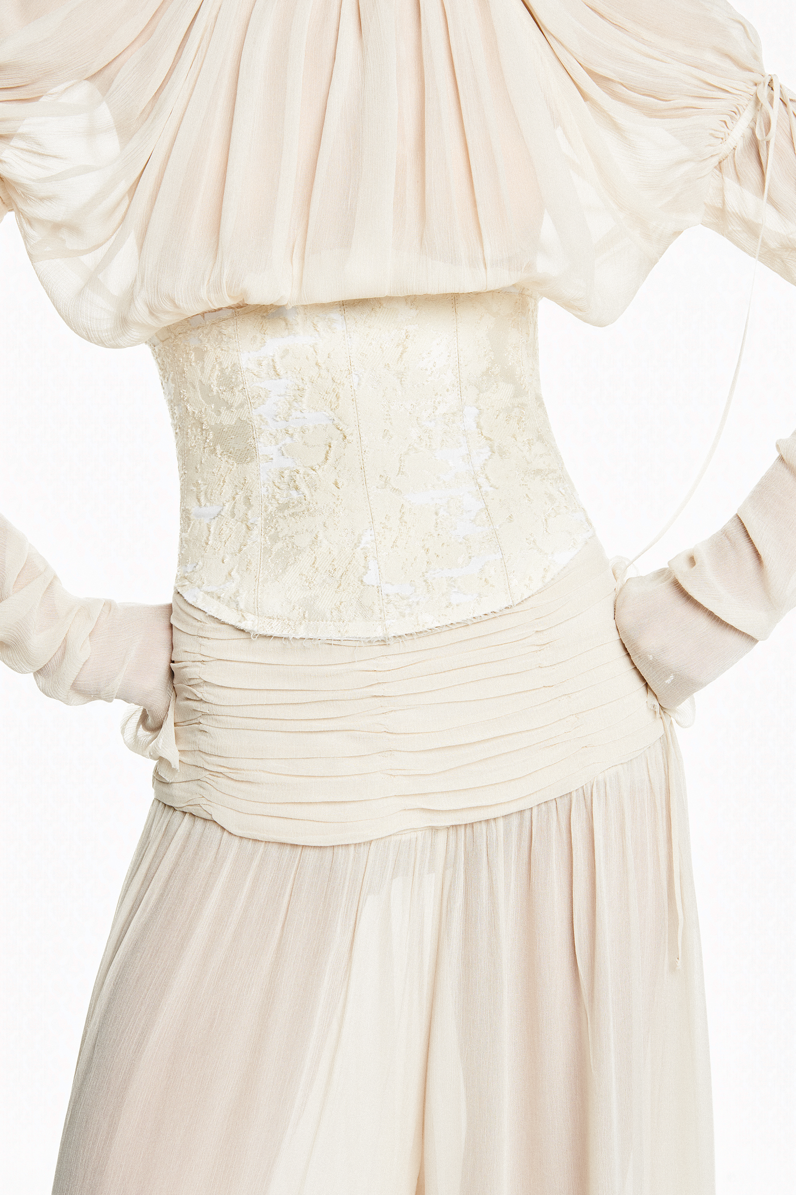 BLUSA MANGA LONGA FRENTE DRAPEADA CHIFFON COM CORSET DE JACQUARD BLUSA MANGA LONGA FRENTE DRAPEADA CHIFFON COM CORSET DE JACQUARD