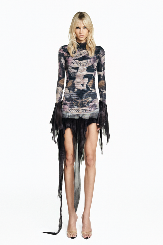 VESTIDO CURTO DRAPEADO MANGA LONGA TULE ANGEL PRETO
