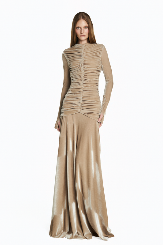 VESTIDO LONGO CORPO DRAPEADO MANGA LONGA VELUDO BEGE