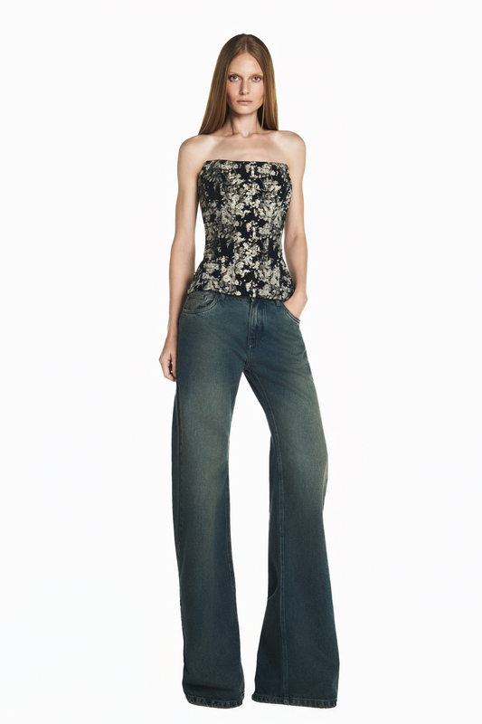 TOP CORSET JACQUARD FLORAL PRETO
