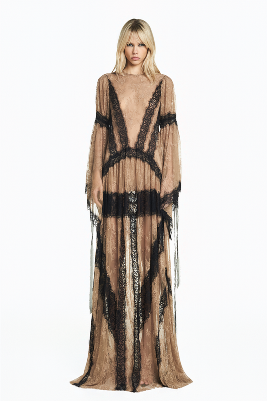VESTIDO LONGO COM MANGA RENDA BEGE ESCURO COM RENDA PRETA