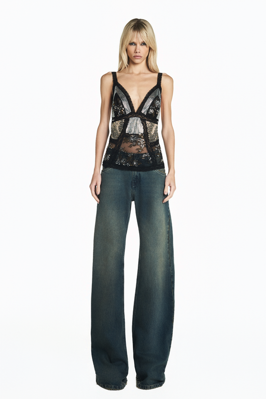 CALÇA JEANS FLARE CINTURA BAIXA COSTURA LATERAL DARK WASH DENIM