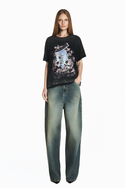 CALÇA JEANS PERNA AMPLA RISCA DE GIZ