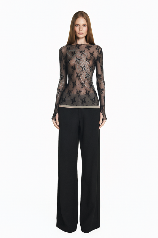 BLUSA MANGA LONGA RENDA PRETA PEDRAS