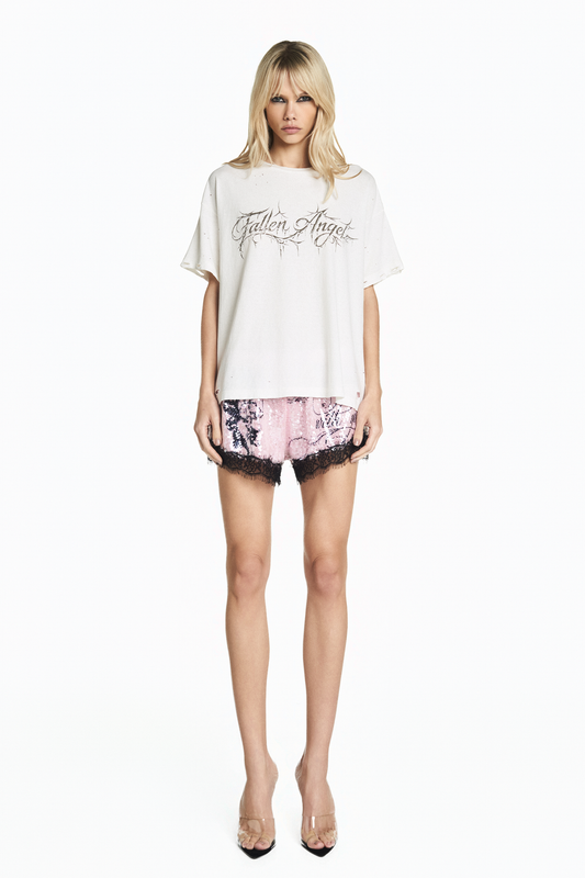 SHORTS ELÁSTICO CÓS PAETÊ ROSA RENDA PRETA ANGEL