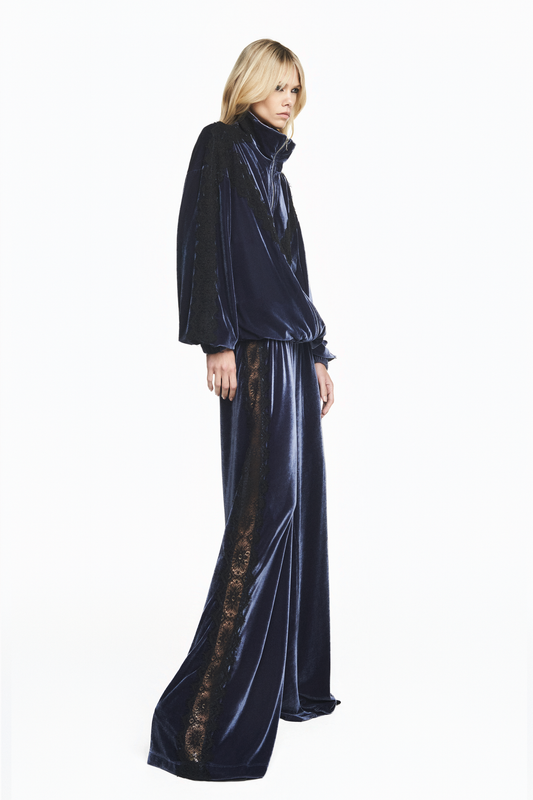 CALÇA ELÁSTICO CÓS VELUDO AZUL RENDA PRETA