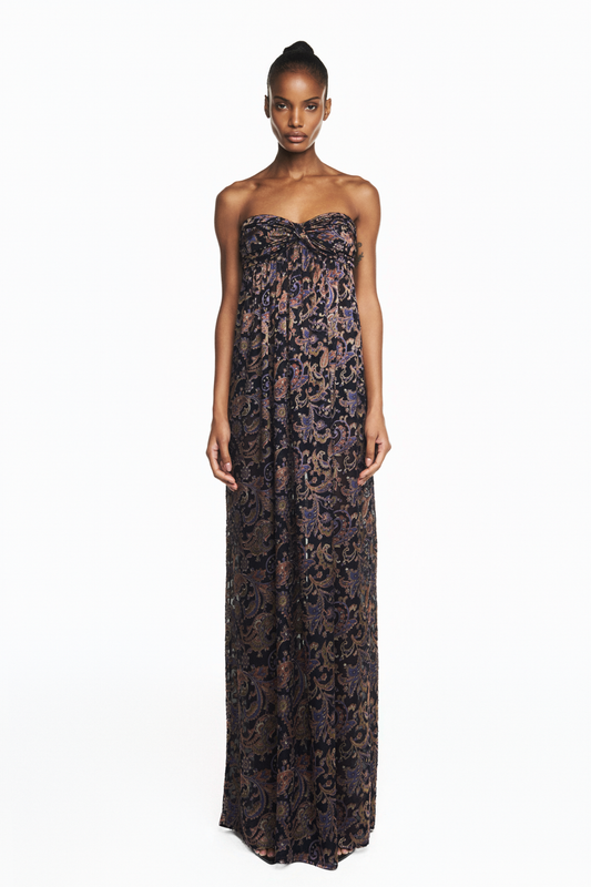 VESTIDO LONGO ALÇA GEORGETE DEVORÊ AZUL ESCURO