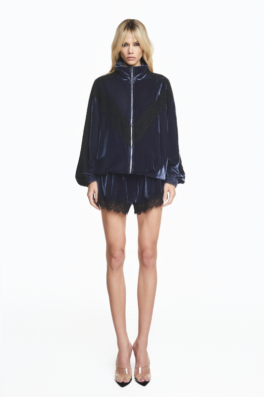 SHORTS ELÁSTICO CÓS VELUDO AZUL RENDA PRETA