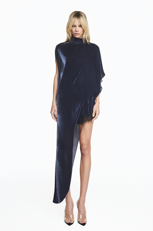 BLUSA KAFTAN ASSIMÉTRICA VELUDO AZUL