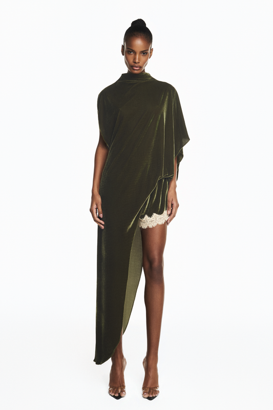 BLUSA KAFTAN ASSIMÉTRICA VELUDO VERDE MUSGO