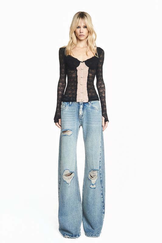 BLUSA MANGA LONGA RENDA FLORZINHA PRETA E TULE BEGE