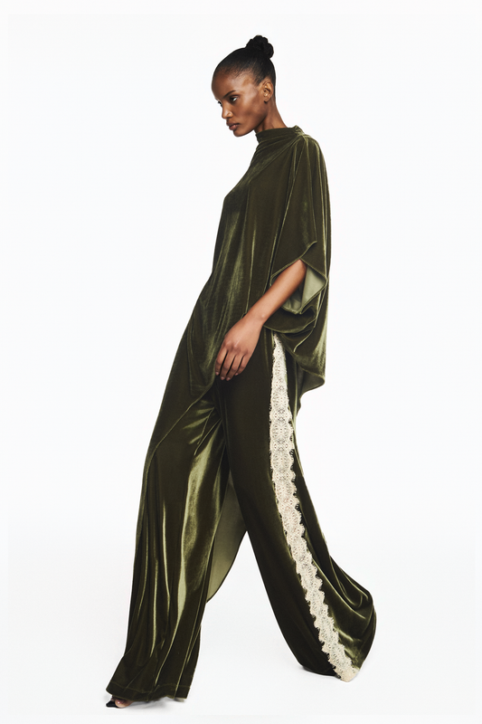 CALÇA ELÁSTICO CÓS VELUDO VERDE MUSGO RENDA BEGE