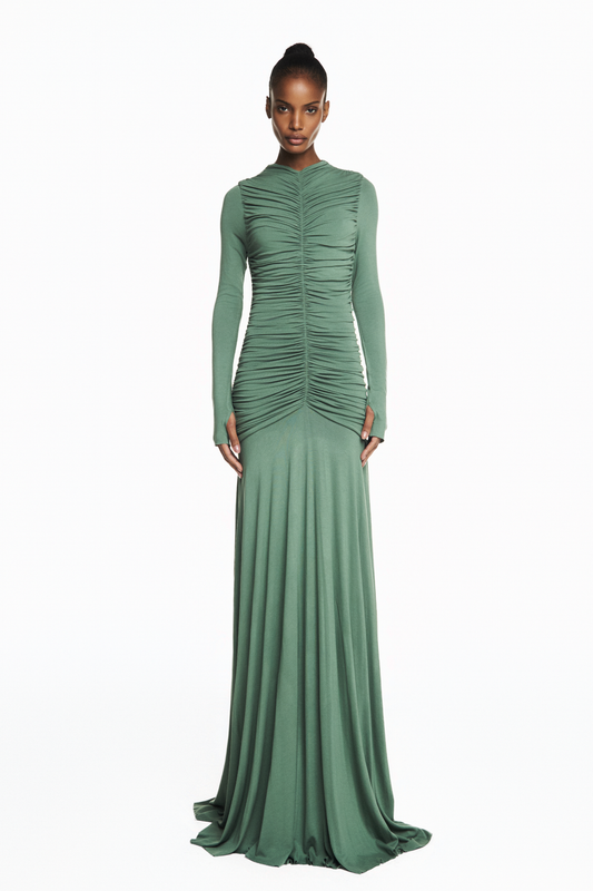 VESTIDO LONGO CORPO DRAPEADO MANGA LONGA MALHA VERDE
