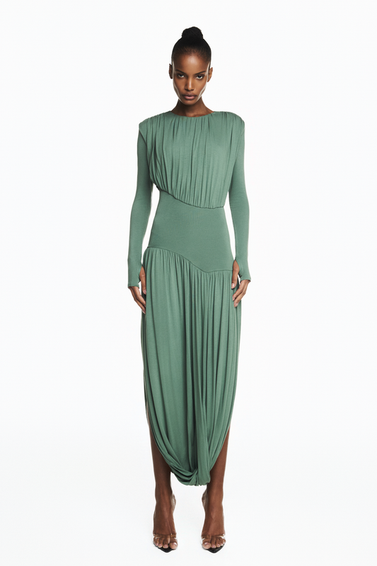 VESTIDO LONGO MANGA LONGA SAIA TORCIDA CORPO DRAPEADO MALHA VERDE