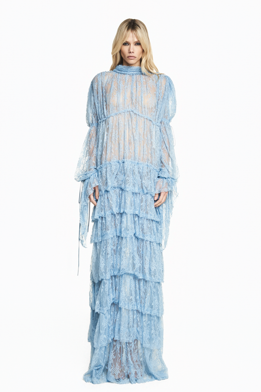 VESTIDO LONGO BABADOS MANGA LONGA GOLA ALTA RENDA AZUL