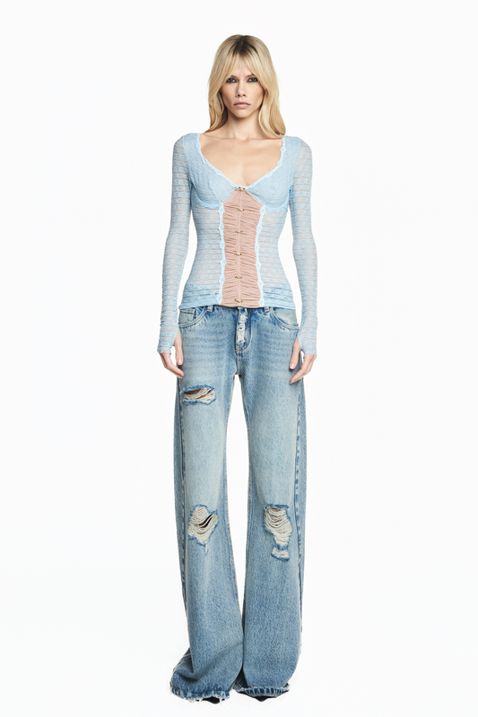 BLUSA MANGA LONGA RENDA FLORZINHA AZUL E TULE BEGE