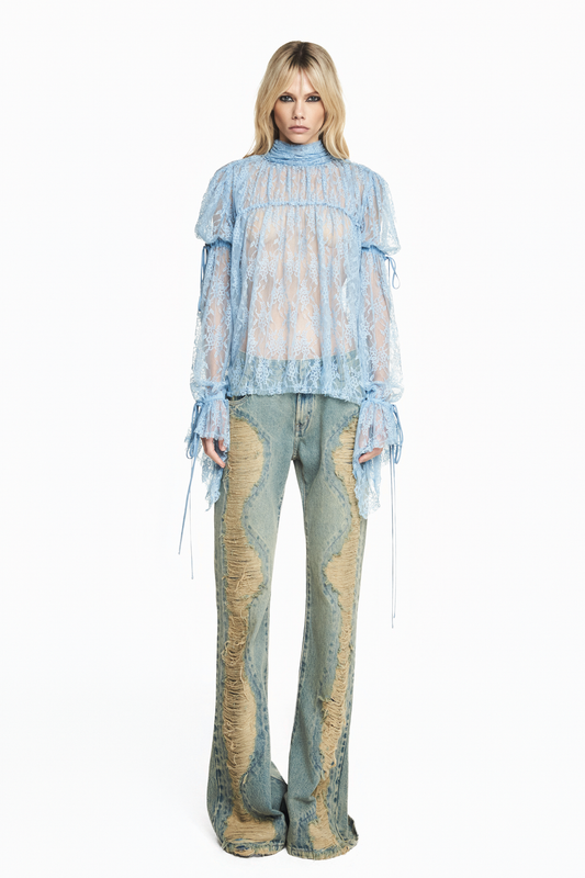 CALÇA JEANS AMARELADA FLARE RASGOS FRONTAIS
