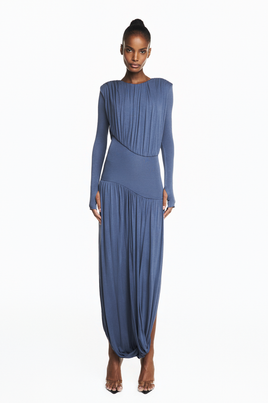 VESTIDO LONGO MANGA LONGA SAIA TORCIDA CORPO DRAPEADO MALHA AZUL
