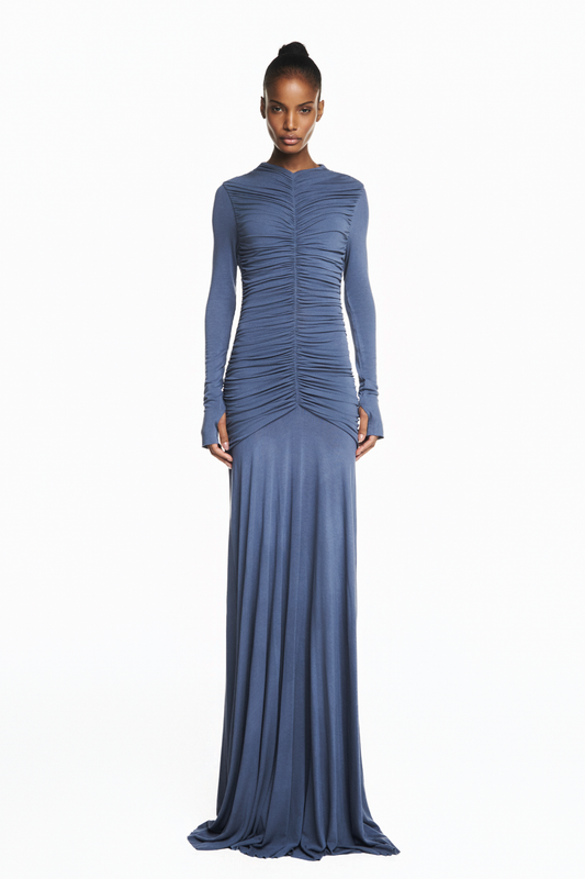 VESTIDO LONGO CORPO DRAPEADO MANGA LONGA MALHA AZUL