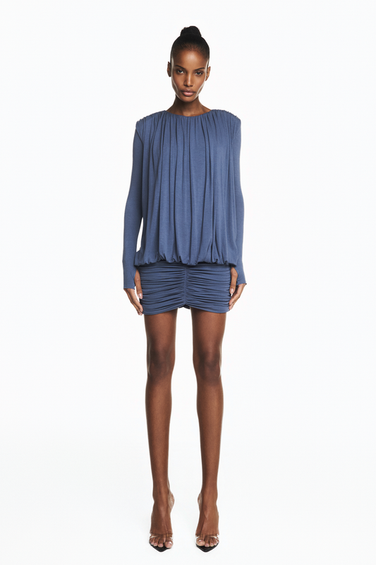 VESTIDO CURTO MANGA LONGA QUADRRIL DRAPEADO MALHA AZUL