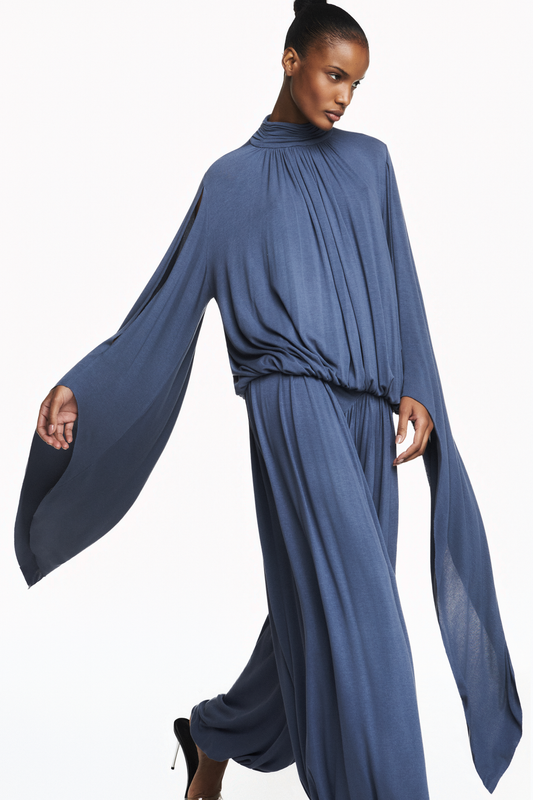 BLUSA GOLA ALTA MANGA PONTAS MALHA AZUL