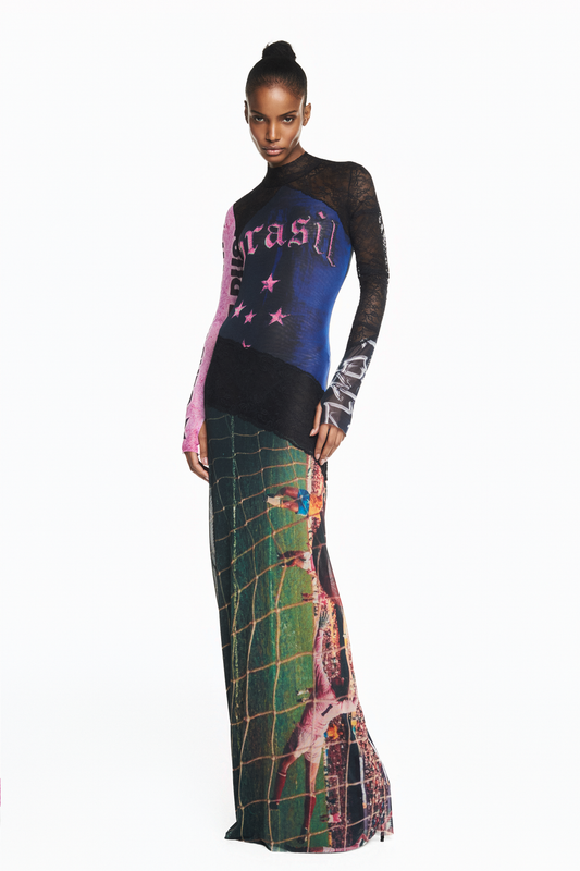 VESTIDO LONGO MANGA LONGA GOLA ALTA TULE E RENDA BRASIL