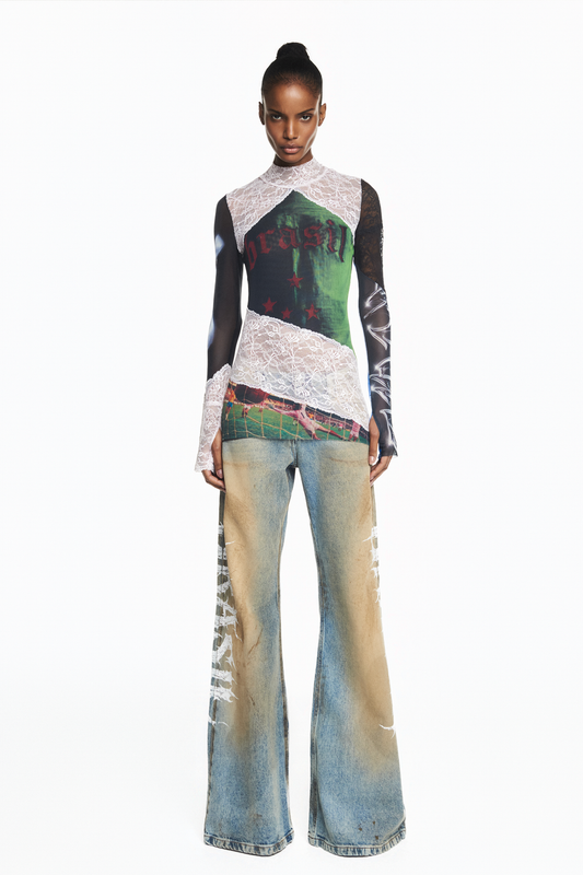 BLUSA MANGA LONGA GOLA ALTA TULE E RENDA BRASIL