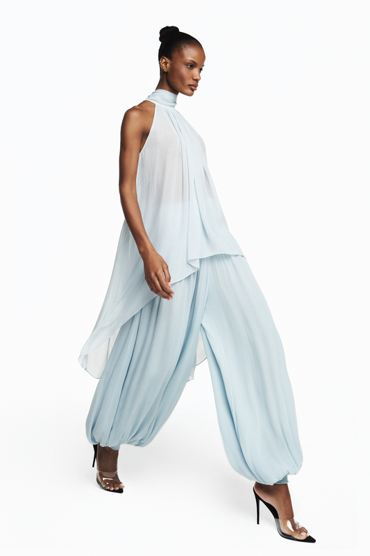 CALÇA PALA E BARRA LASTEX CHIFFON AZUL CLARO