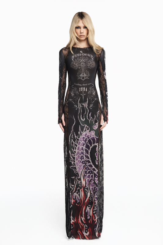 VESTIDO LONGO MANGA LONGA TULE E RENDA TATTOO DRAGÃO