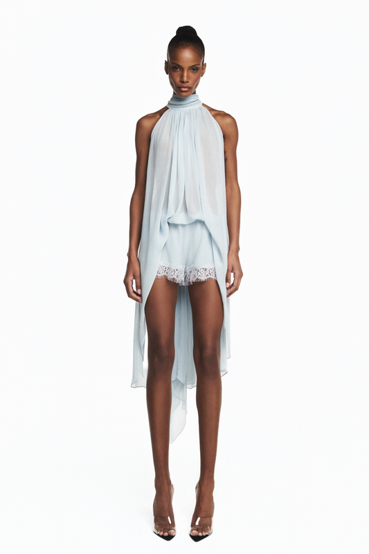 SHORTS ELÁSTICO CÓS CHIFFON E RENDA AZUL CLARO