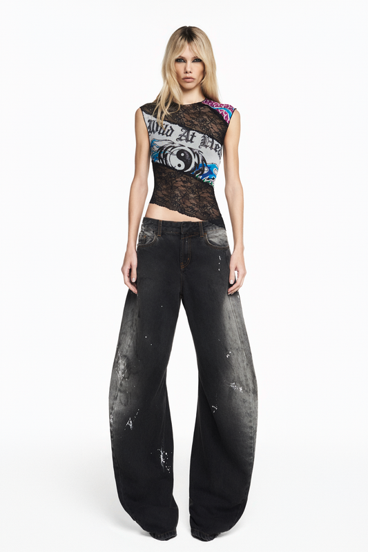 BLUSA SEM MANGA TULE E RENDA TATTOO YING YANG