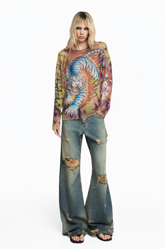 BLUSA MANGA LONGA QUADRADA TULE TATTOO TIGRE TIE DYE