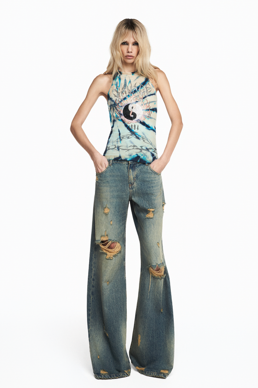 CALÇA JEANS AMARELADA RASGOS FLARE CINTURA BAIXA